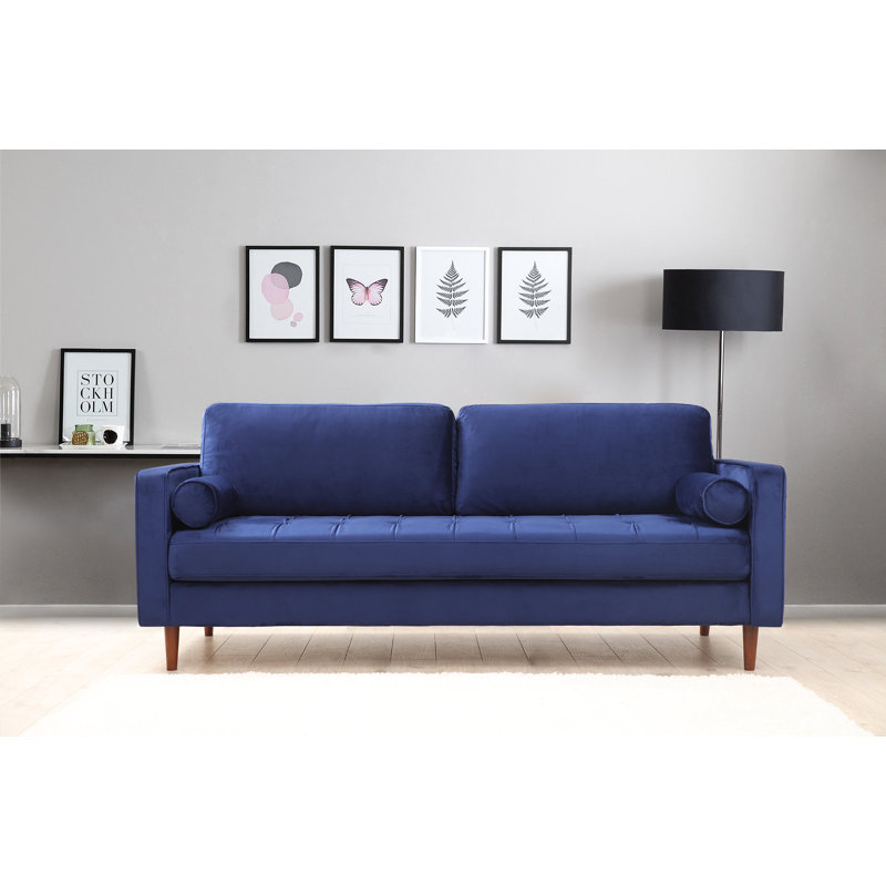 Élégant canapé 3 places, bleu marine, 84,6 po x 35,4 po x 27,6 po | Tissu durable 100% polyester, bois de hêtre et structure en carton gris | Coussins confortables en mousse (8 cm + 5 cm) | Pieds en bois de noyer, comprend 2 coussins portatifs
