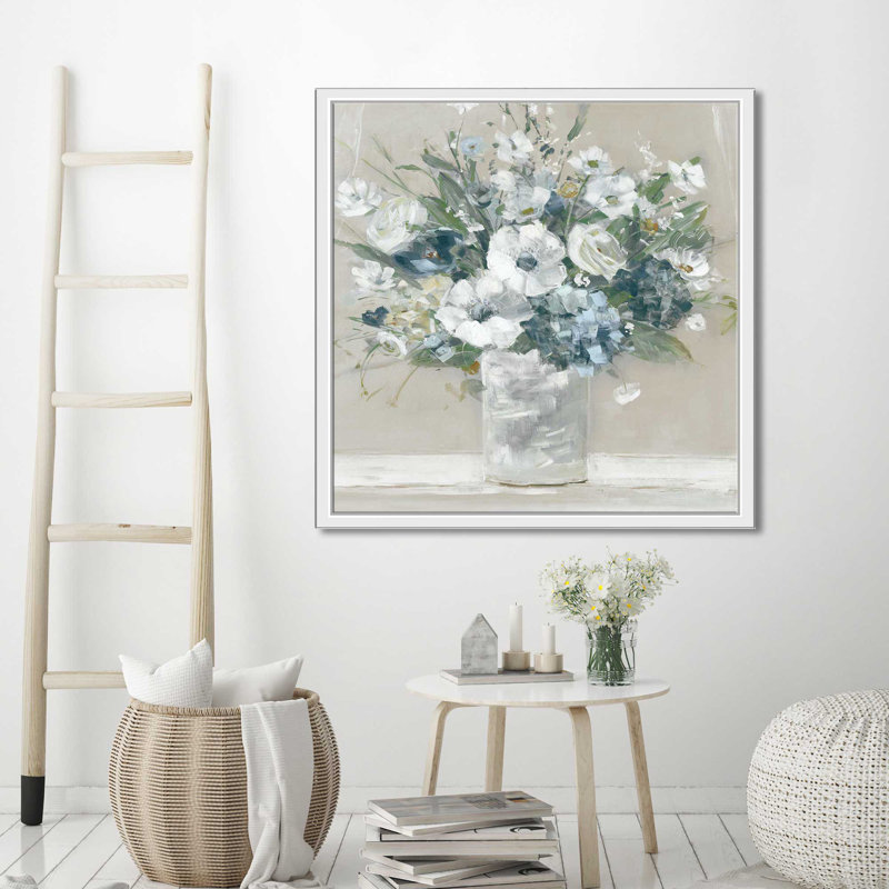 «Be Happy» par Sally Swatland - Peinture, Cadre flottant blanc, H 27,5 po x l 27,5 po x P 2 po
