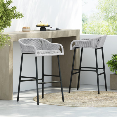 Poolside & Garden Gray Rope Bar Stool Couple Comfortable And Contemporary Seating For Outdoor Leisure Time, Black Metal Pillar, Coating Patio Of 2 Stools Design Relaxed Conversations Meals, Ergonomic