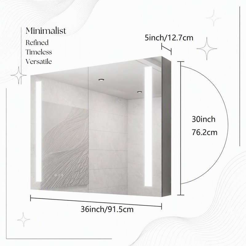 Armoire à pharmacie DEL de 91 x 76 cm avec système antibuée, éclairage à intensité variable et options de montage encastré ou en saillie