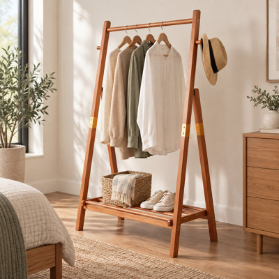 62.4 in Brown Freestanding Solid Wood Clothes Rack with Bottom Storage Shelf - A-Shaped Garment Stand for Hallway or Bedroom