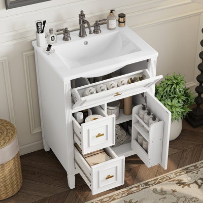  Meuble-lavabo 24 po avec lavabo, structure en bois massif, tiroir rabattable, 2 tiroirs latéraux et tablette réglable, blanc
