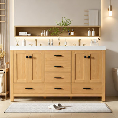 Meuble-lavabo 59,3 po avec armoire en bois, 2 lavabos en résine SMC, 4 portes, 5 tiroirs, tablettes réglables, poignées noires