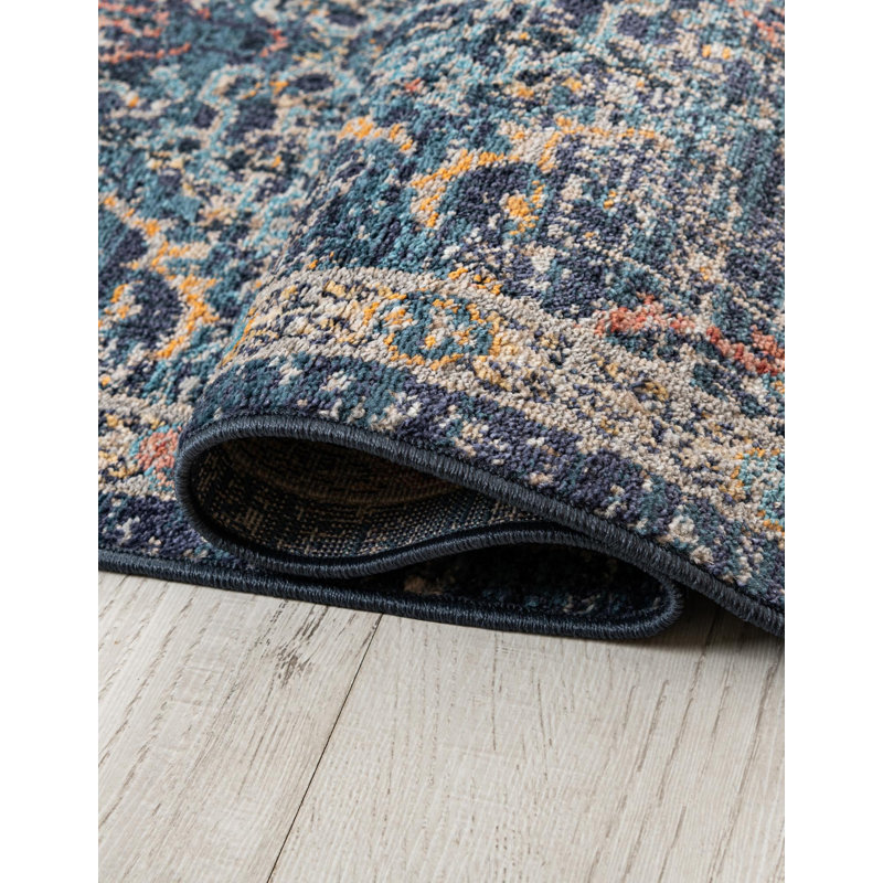 Alkire Floral Navy Blue Area Rug, Round 6'1"
