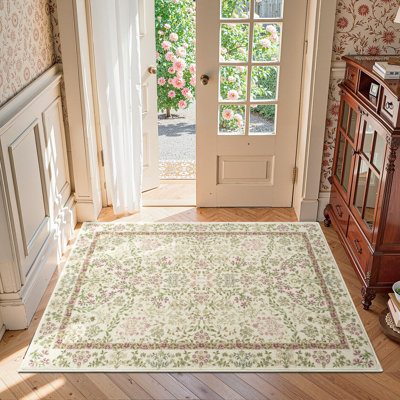 Tapis vintage à motif floral – Crème douce, antidérapante, lavable, pour salon et chambre