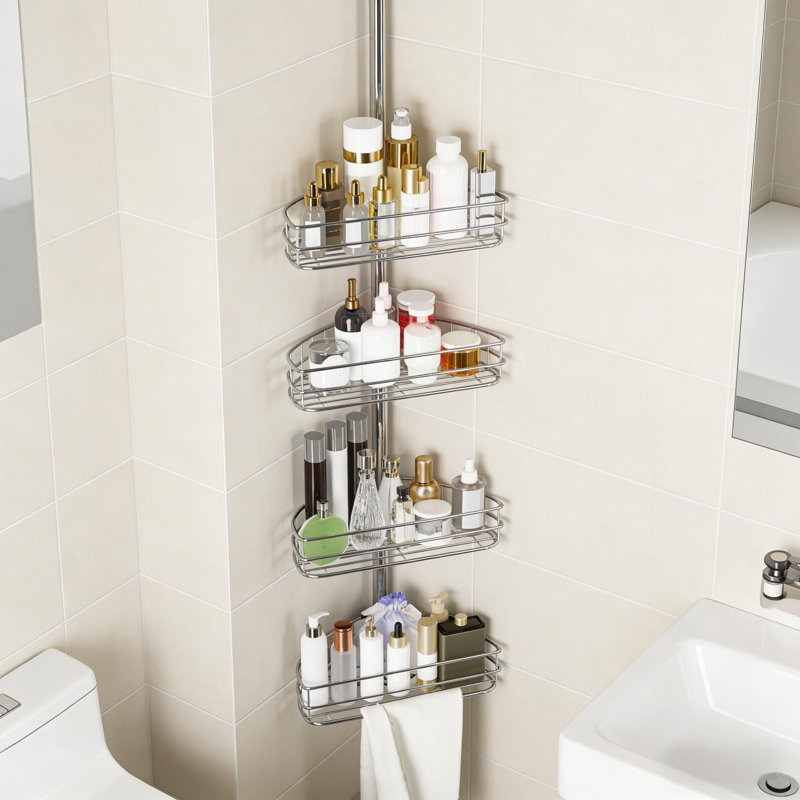 76 CM-110 CM Adjustable Bathroom Organizer Shelves with 4-Tier Rustproof Bathroom Shelves, Silver