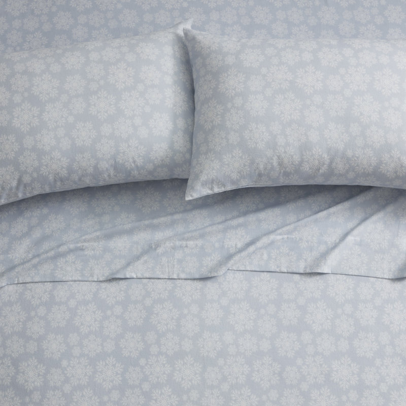 Ensemble de draps en flanelle de coton 4 pièces Snowflake, Ensemble de drap pour lit très grand avec drap-ho, Bleu