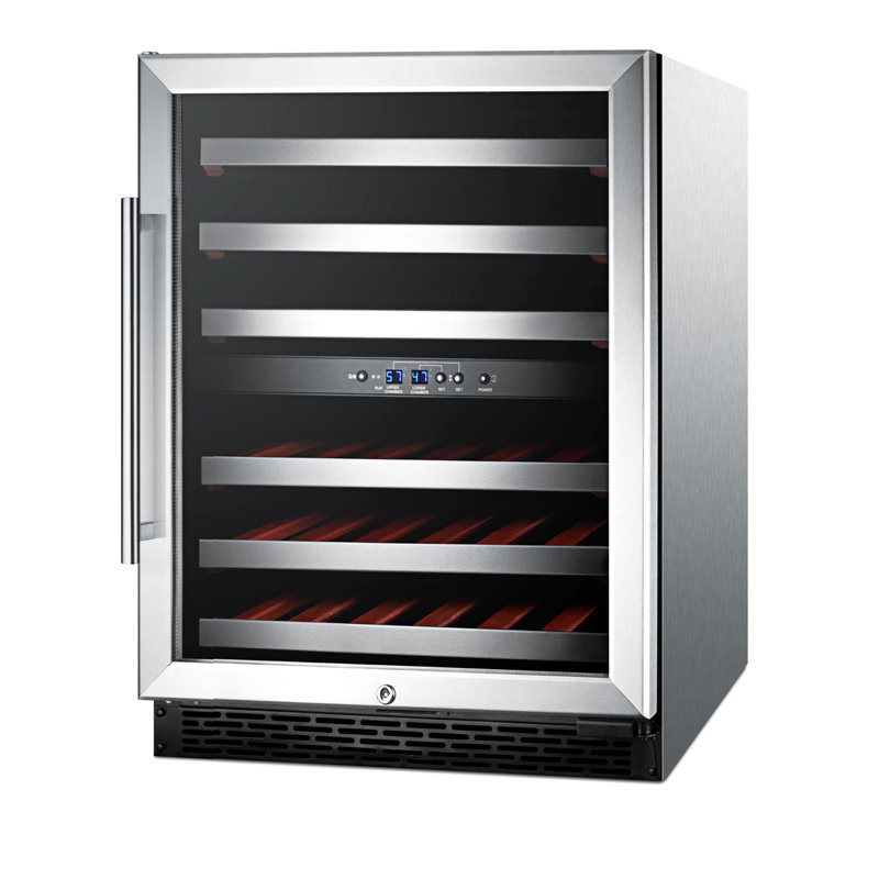 Summit Appliance Dual Zone 23.63'' 46 Bottle Wine Refrigerator with Reversible Door, Stainless Steel