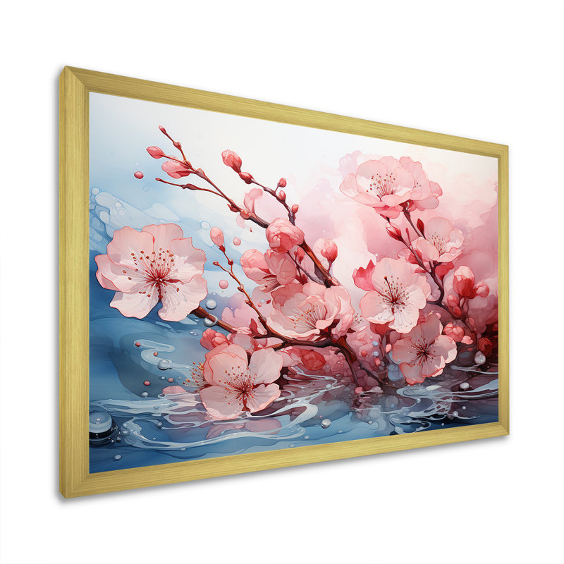 Cerisier blanc et rose Bloom VI - art mural cerise, Cadre doré à coins fermés, H 24 po x l 32 po x P 1 po