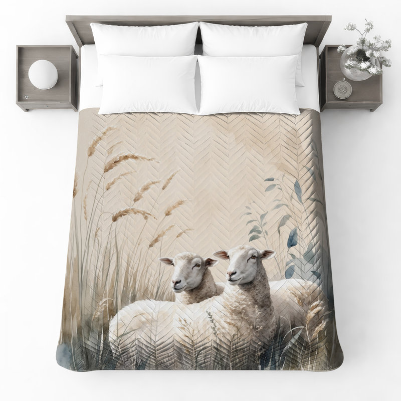 Couvre-lit matelassé Sheep In Wheat Field, Lit simple
