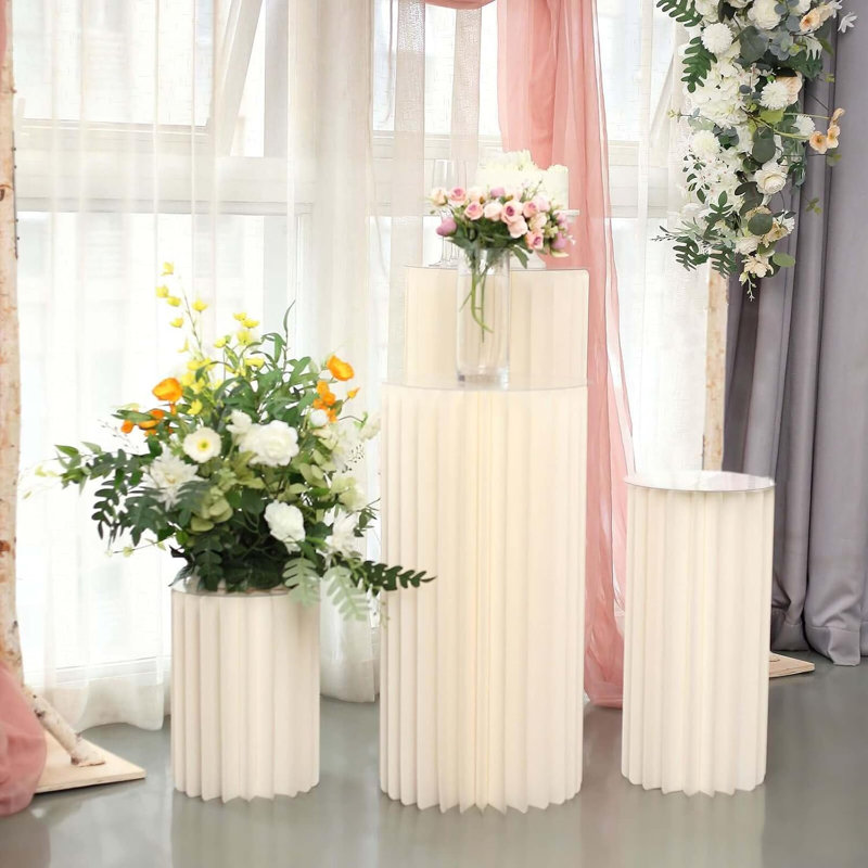 40inch Ivory DIY Accordion Cylinder Cardboard Folding Pillar Pedestal Box, Display Column Stand With Round Top Plate