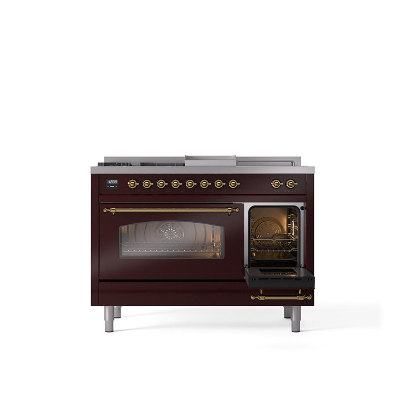 ILVE Nostalgie II 48 Dual Fuel Range, Liquid Propane, Burgundy/Brass