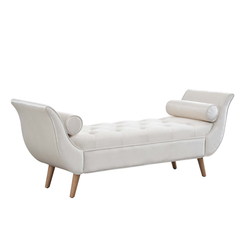 Upholstered Velvet Bench, Beige, Oak