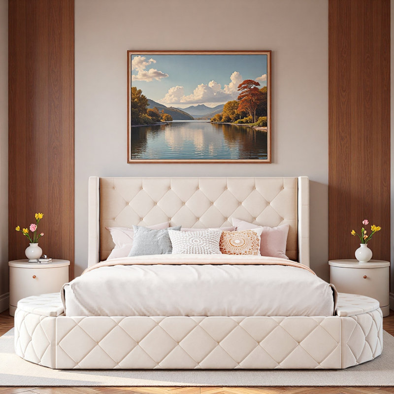 Lit plateforme tapissier avec tête de lit à oreilles, 1 grand tiroir et 2 tabourets de rangement latéraux, Beige