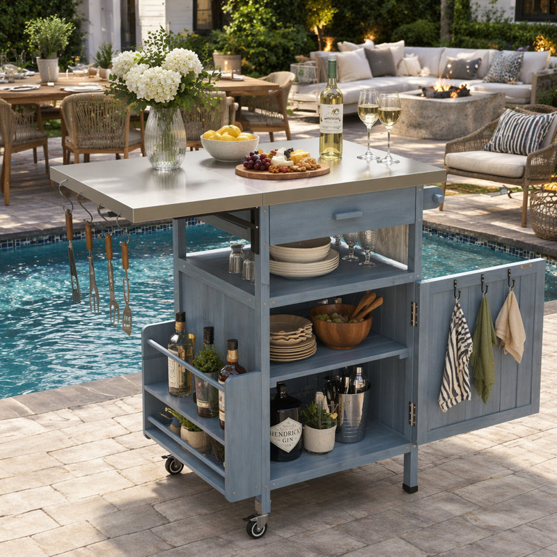 40.5" Outdoor Fir Wood Grill Cart, 30mm Stainless Steel Top with Foldable Drop Leaf, Storage Drawer, Towel & Spice Rack, Rolling BBQ Cart with Lockable Wheels & Multi Hooks for Lawn, Garden, Patio