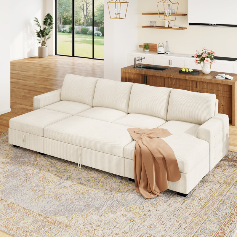 Rundey Corduroy Sleeper Sectional Pull Out Sofa Bed With Storage Seat, Beige Corduroy