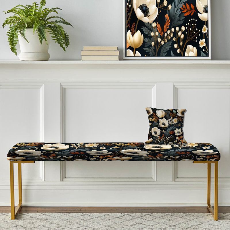Vintage Classic Beige Floral Paradise - Floral Upholstered Gold Bench