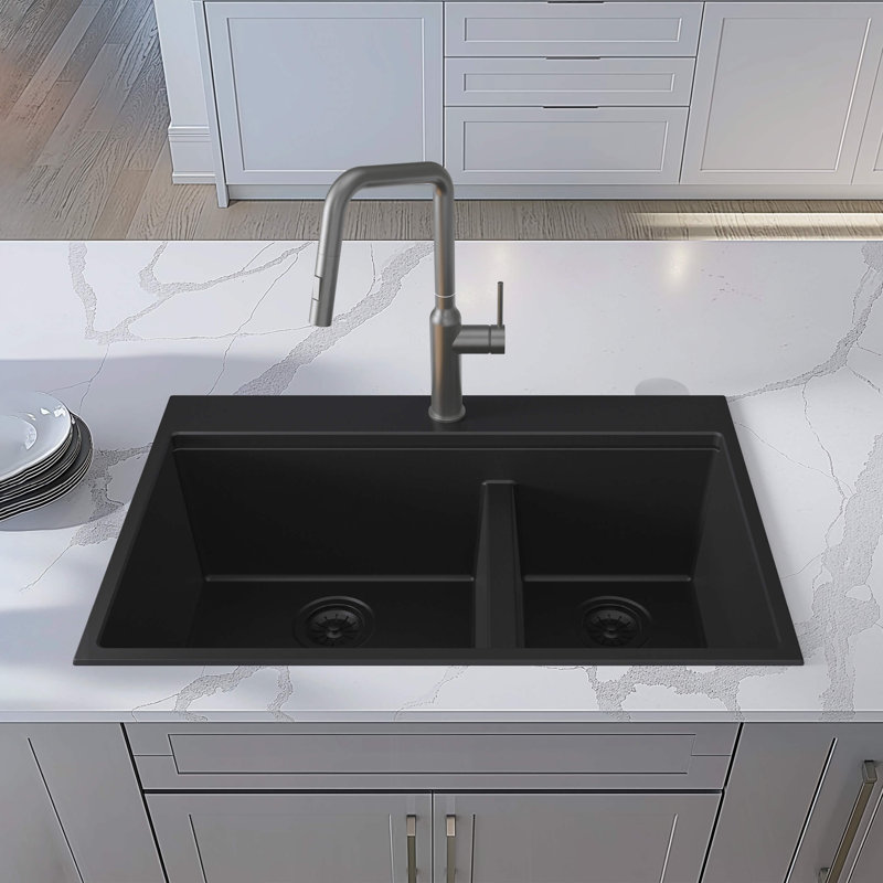 33'' L Drop-In Double Bowl Quartz Composite Kitchen Sink