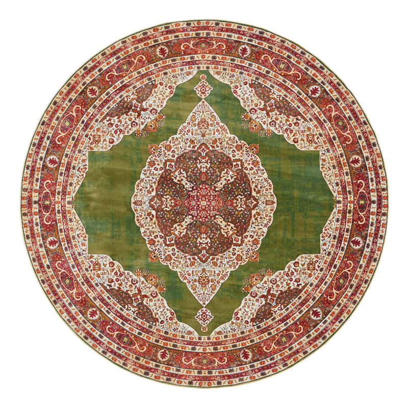 Folmar Oriental Area Rug, Green/Red , Round 8'