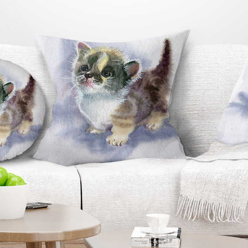 Mignon chaton sur une aquarelle bleue - coussin imprimé animal, 16 po x 1 po, Coussin décoratif