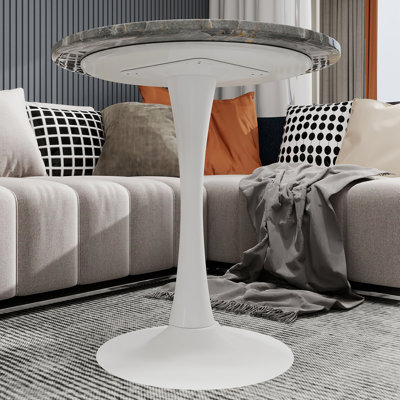 Marble-Top Round Side Table with Tapered Pedestal Base, Ideal for Living Room, Modern Minimalist Design