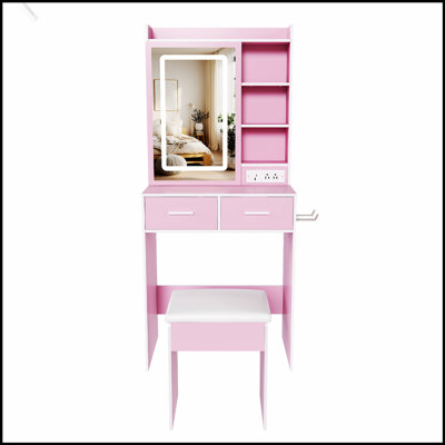 Compact Makeup Vanity Desk with Adjustable LED Lights, Built-in Power Outlets, and Hidden Storage for Small Bedrooms