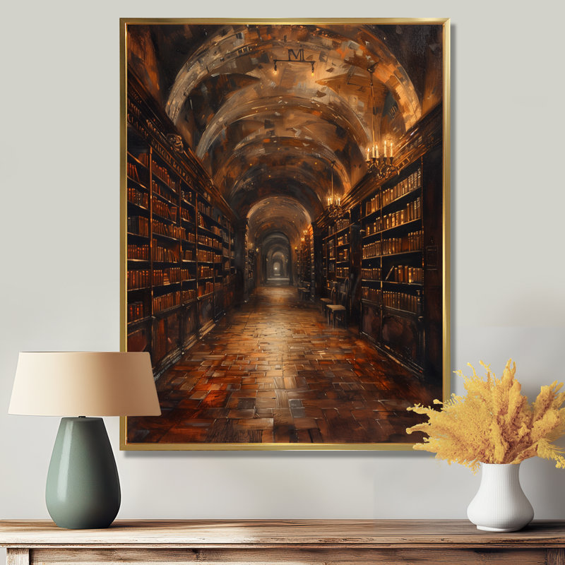 Brun bibliothèque historique, livres et bibliothèque, Cadre flottant doré, 24" H x 32" W