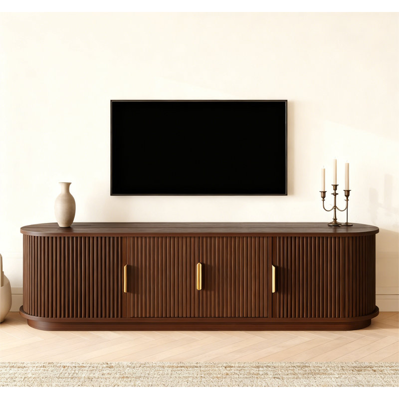 Farmhouse Wooden TV Stand with Sliding Tambour Door, Walnut