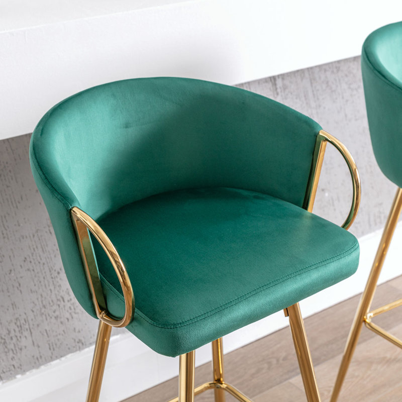 Tabourets Dardar, avec repose-pieds chromé et base / tabouret simple à pieds dorés, Vert