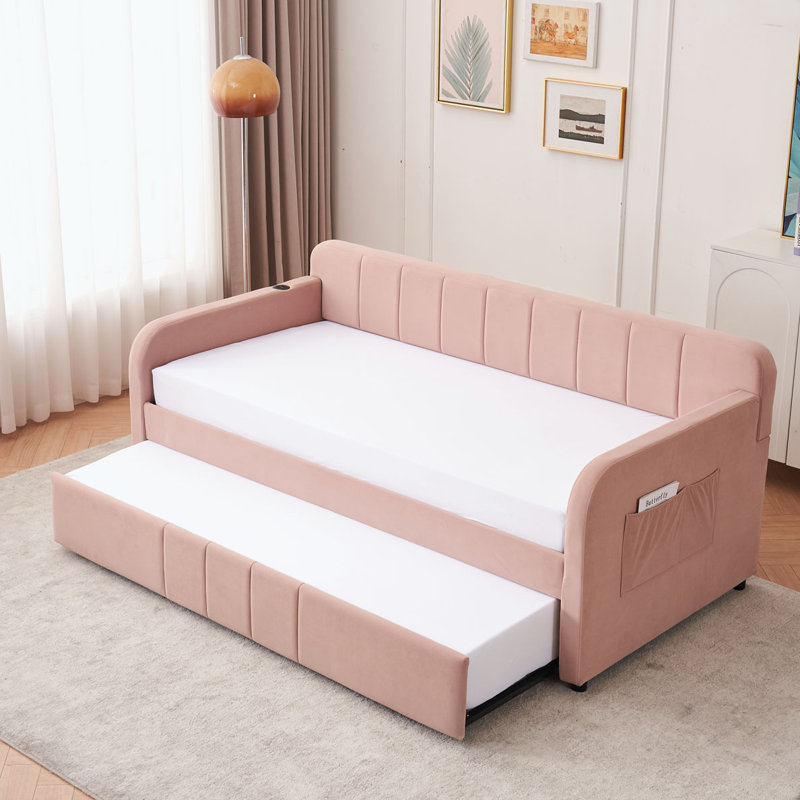 Velvet Upholstered Daybed Frame with Trundle for Bedroom Living Room Guest Room, Pink