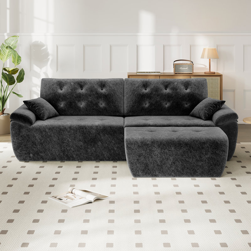 Modern Oversized 275cm 3-Sets Boneless Chenille Sofa With Ottoman And High-resilience Foam, Grey