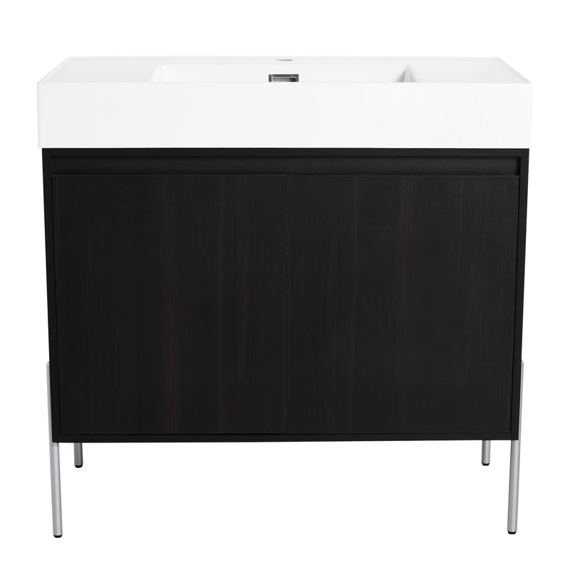 Armoire de salle de bain 36 po en chêne foncé avec vasque en résine - Évier de rangement abondant et peu d'espace extérieur