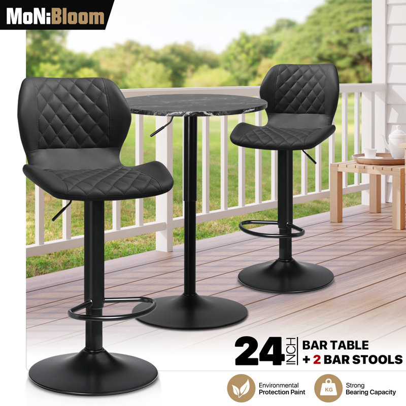 Moaid 3 Piece Height-adjustable Pub Table and Leathered Pedestal Bar Stool Dining Set, Black, Black Rock