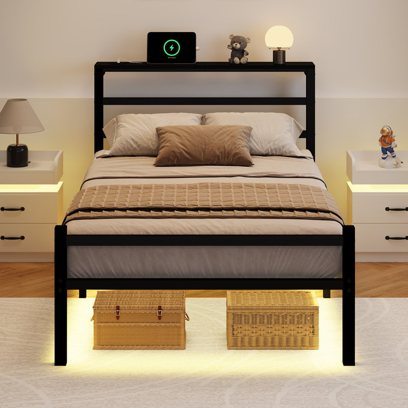 Bed Frame with LED Headboard Shelf, Bed Frame with Charging Station, Heavy Duty Steel Slats, Twin