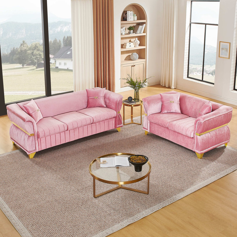 Ensemble de salon avec canapé en velours 2 pièces Lieberman, 2 pièces: causeuse, canapé, Pink