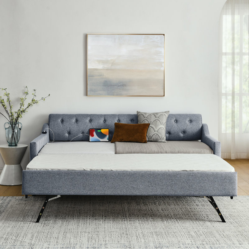 Twin Size Linen Upholstered Daybed, 300lbs Capacity With Erectable Trundle (82”l×41”w×33”) – Usb Charging Design, Button Tufted Back, Ideal For Guest Room/living Room/bedroom (no Mattress)