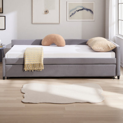 Lit de jour rembourré avec lit gigogne, structure de lit en bois robuste, conception de grille de diamant moderne, pour chambre à coucher, chambre d'amis