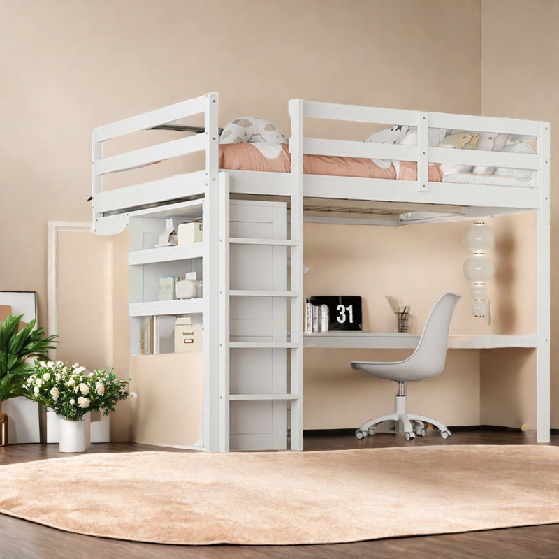 Lit mezzanine blanc spacieux avec rangement multifonctionnel et bureau