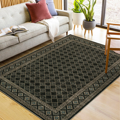 Tapis décoratif moderne antidérapant à bordure géométrique, lavable à la machine, antidérapant pour tapis de chambre à coucher et de salon