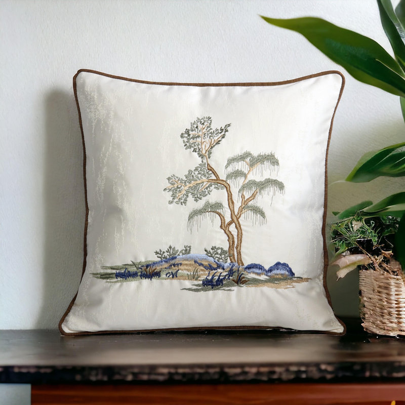  Housse de coussin carré en soie, Ivoire / bleu, H 18 po x l 18 po, Carré