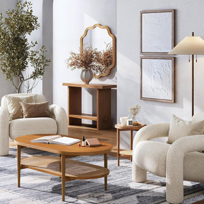Table basse ovale à 2 niveaux, table de salon en canne avec tablette de rangement et pieds de style Mid-Century, bois brun miel avec accent de rotin