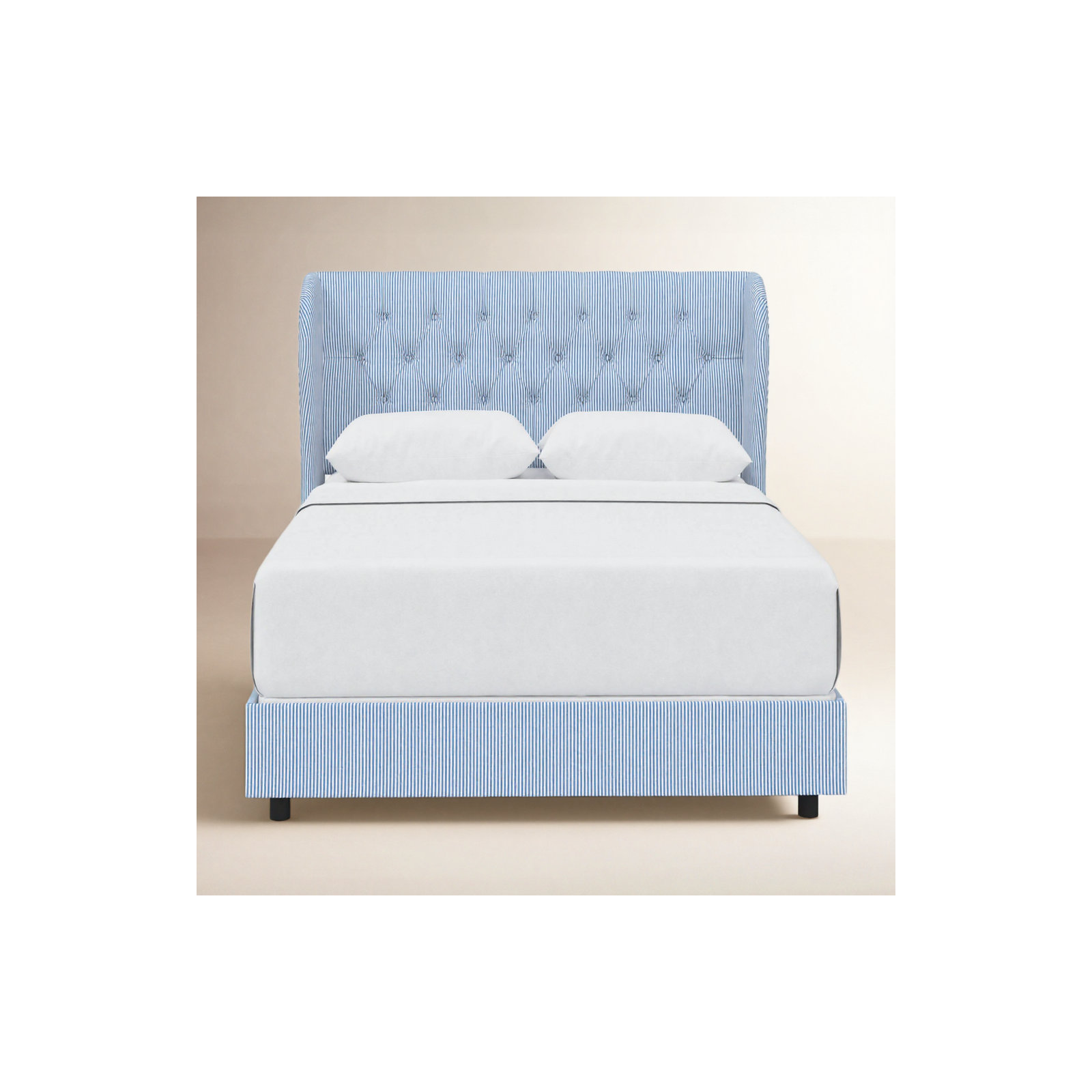 Tomey Upholstered Wingback Bed, Full, Prep Stripe Blue