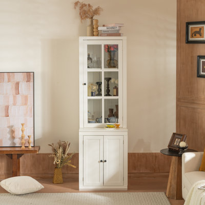 Freestanding Farmhouse Cabinet with Glass Door, Lattice Window, and Adjustable Storage