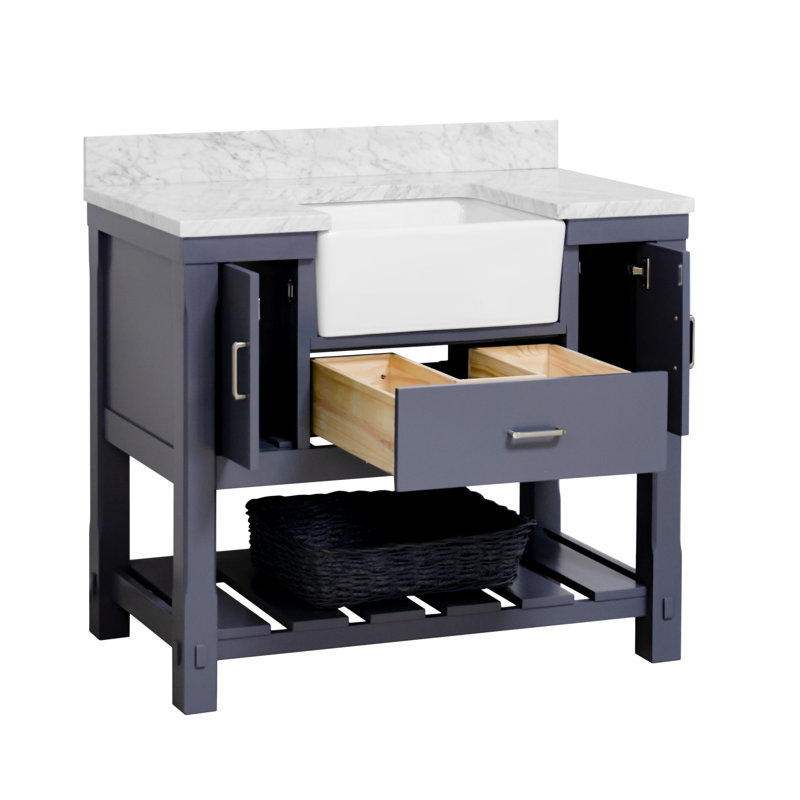 Ensemble de meuble-lavabo simple de 42 po Hitton, Gris marine, Marbre de Carrare