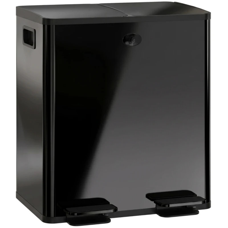 Poubelle à pédale à double compartiment de 10 gallons, noir lustré, avec séparateur de déchets en acier inoxydable et couvercles à fermeture douce