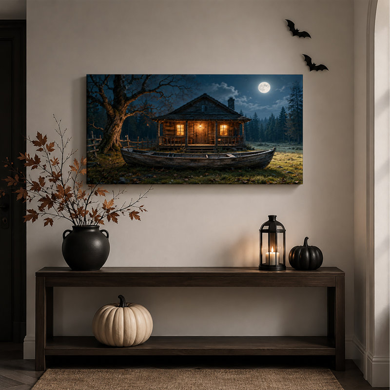 Cabane rustique en bois sous la pleine lune avec bateau - Toile murale d'Halloween, L 40 po x H 20 po
