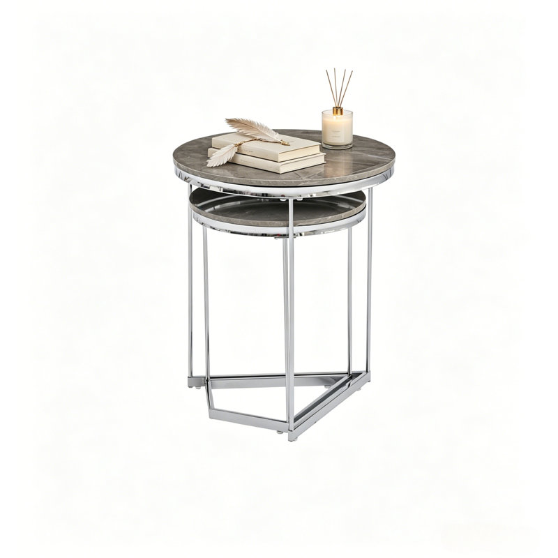 Coffee Table, Round Grey Marble Set of 2