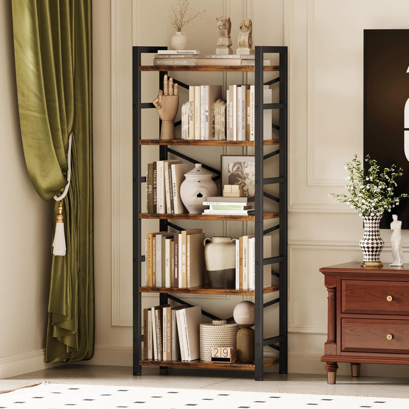 5-Tier Bookshelf With Removable Fabric Drawer, Tall Narrow Bookcase For Home & Office, Industrial Wooden Display Shelves With Edge Protection & Anti-Tip Strap