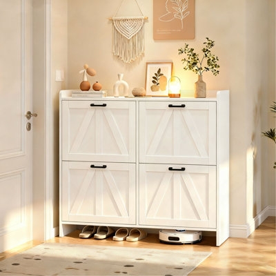 Armoire à chaussures blanche moderne avec 4 tiroirs rabattables, organisateur de vestibule compact et élégant pour le salon