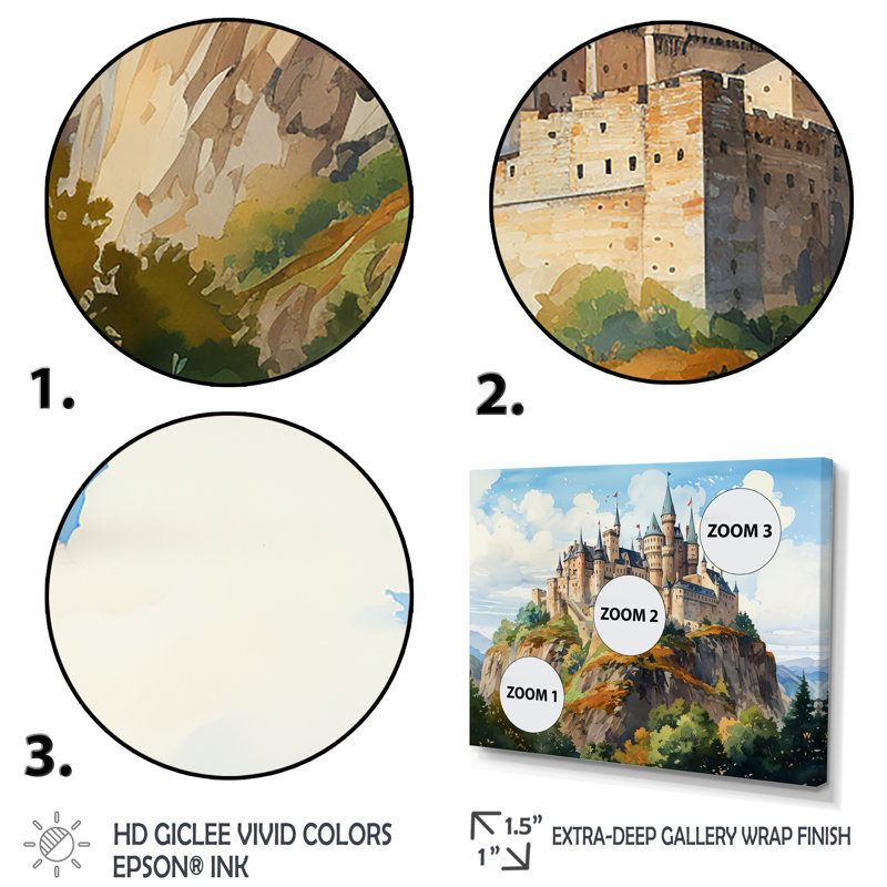 «French Castle Mountain Views - Châteaux», art mural, H 24 po x l 32 po x P 1 po, Cadre flottant brun
